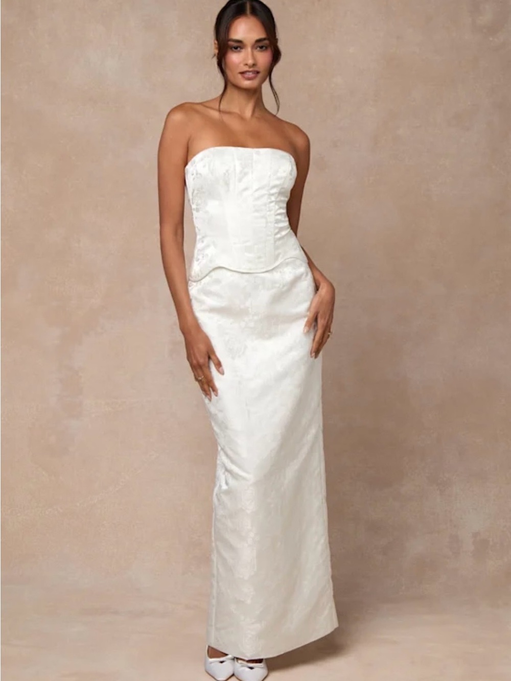 Melva White Satin Jacquard Two-Piece Bustier Maxi Dress